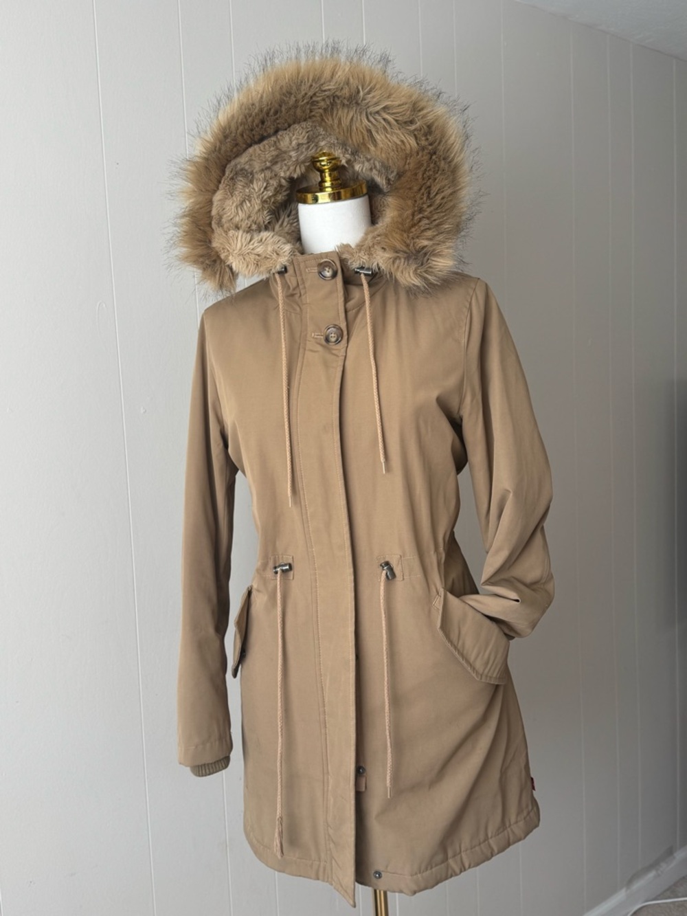 Levi's Women's Tan Hooded Parka with Faux-Fur Trim